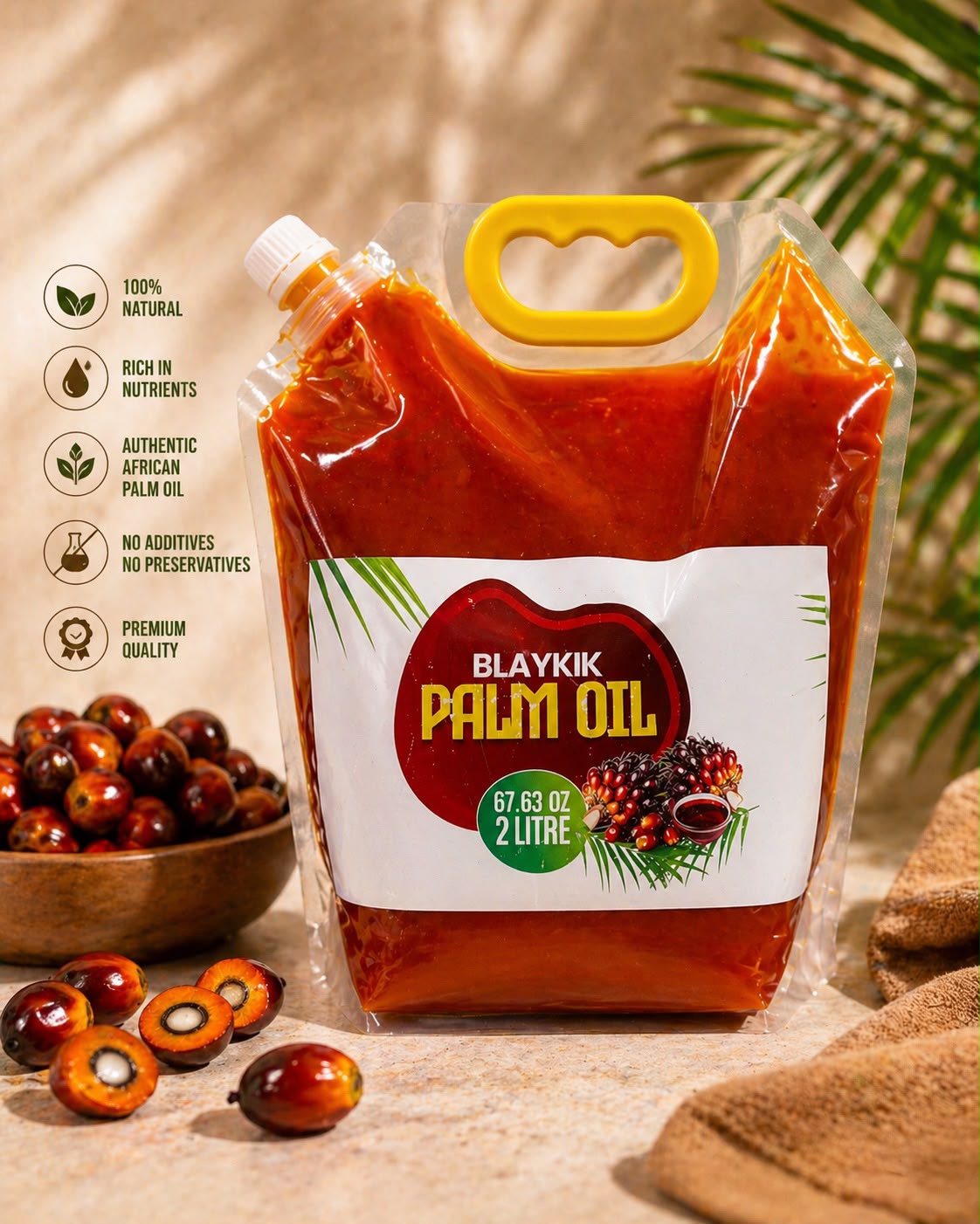Blaykik Palm Oil 2 litre pack with product benefits